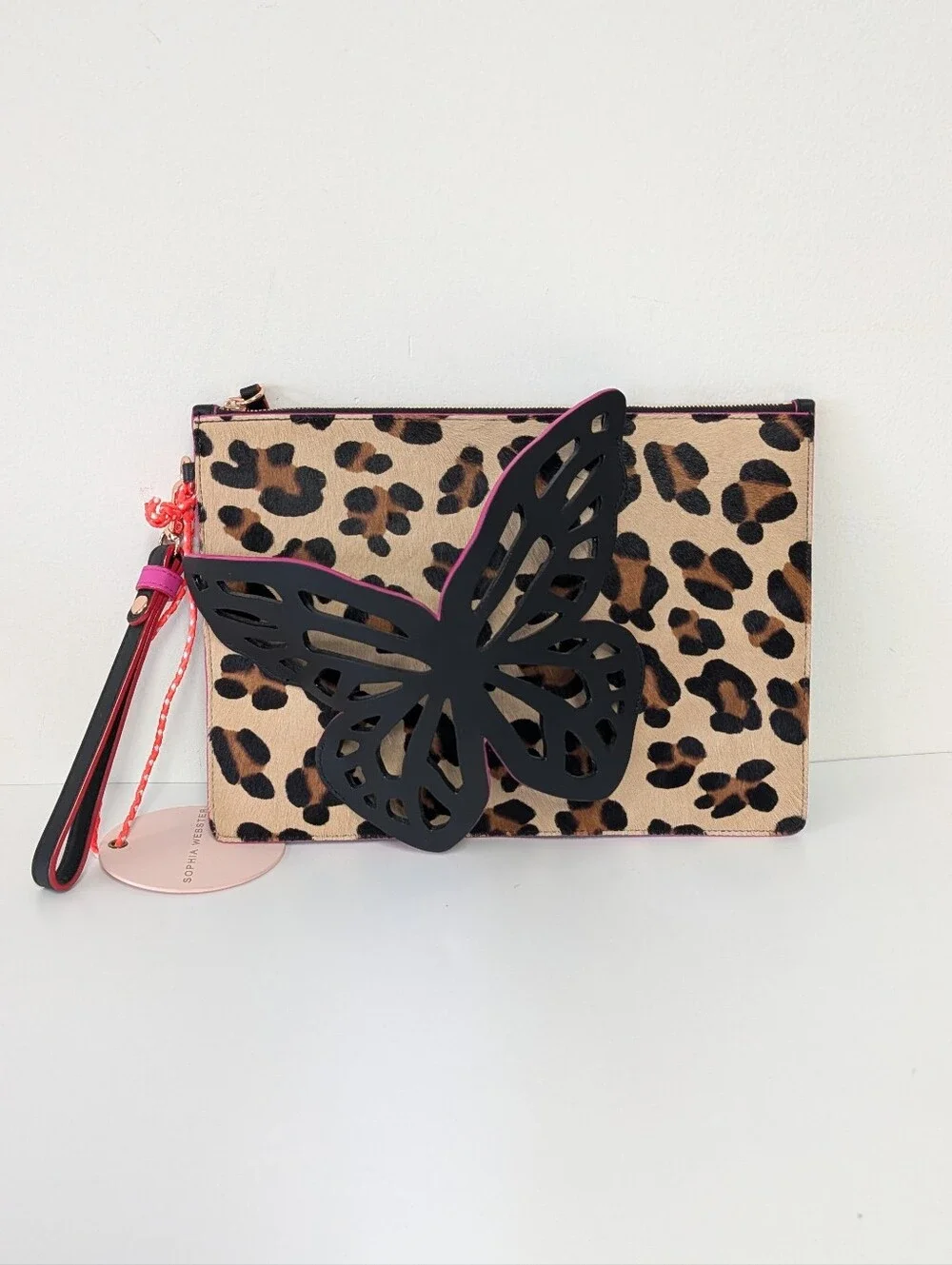 NWT Sophia Webster Flossy Leopard Fuchsia butterfly clutch